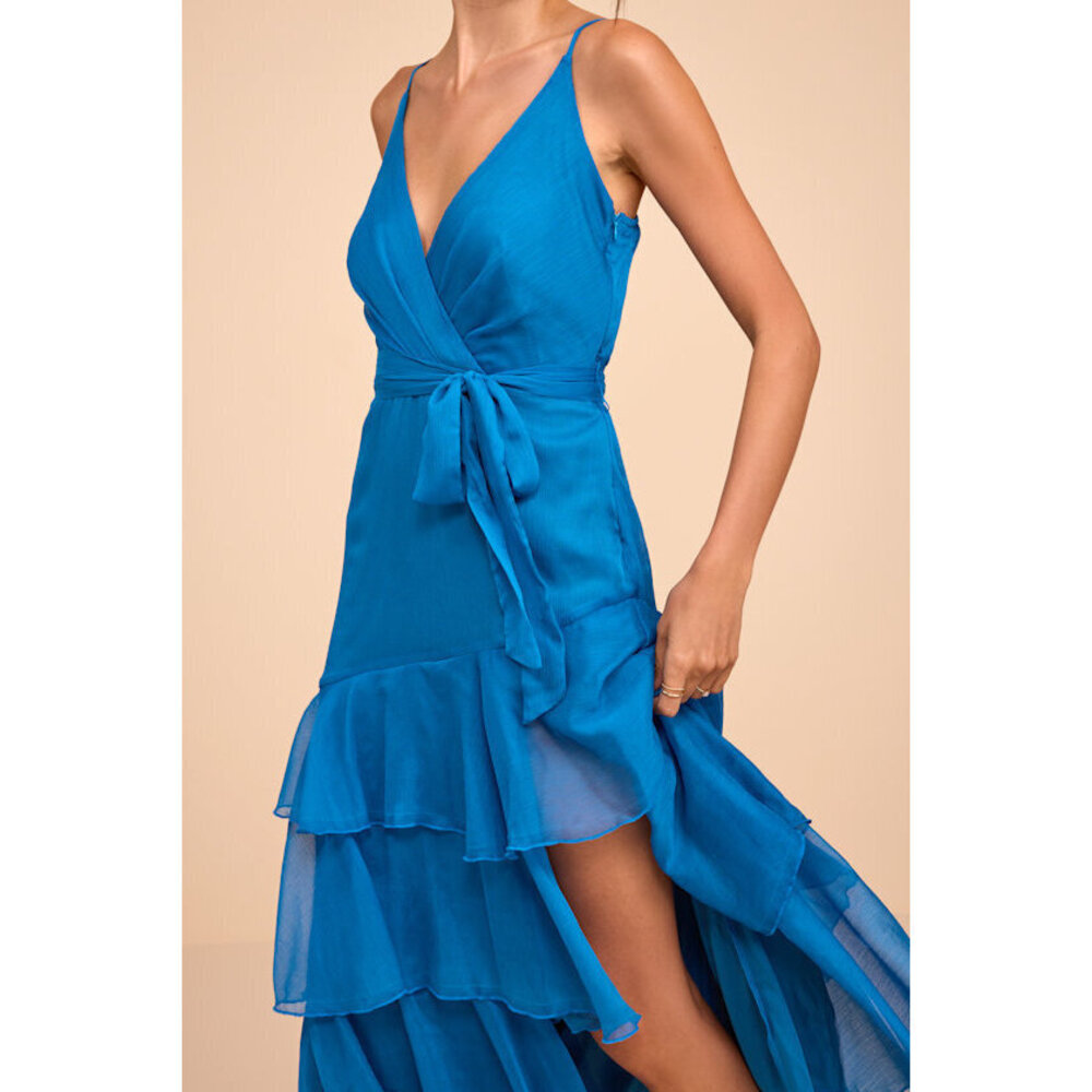 Lulus Ashanti Bright Blue Surplice Tiered Midi Dress - Size S